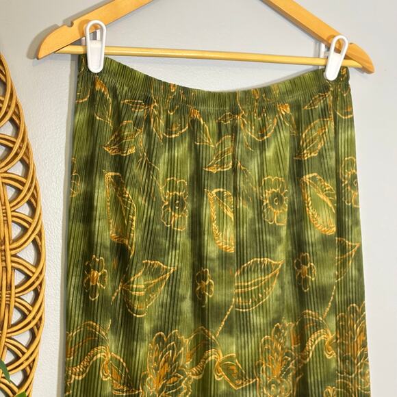 Vtg Fairycore Maxi Skirt Olive Gold Leaf Print Flowy Crinkle Whimsy Dark Autumn - Picture 3 of 8